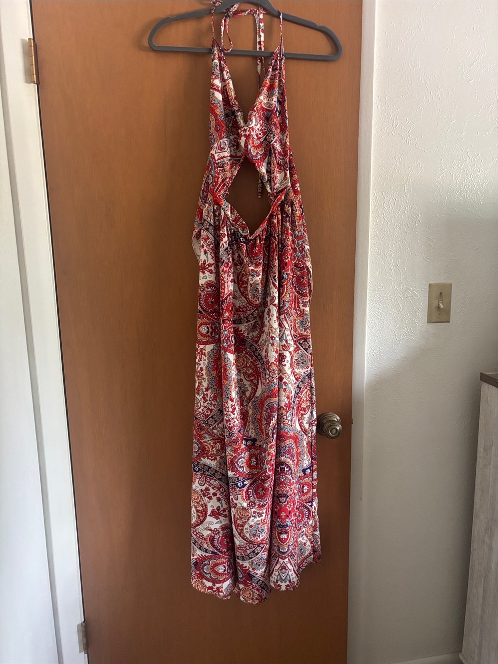 SHEIN Red Paisley Halter Cutout Maxi Dress
